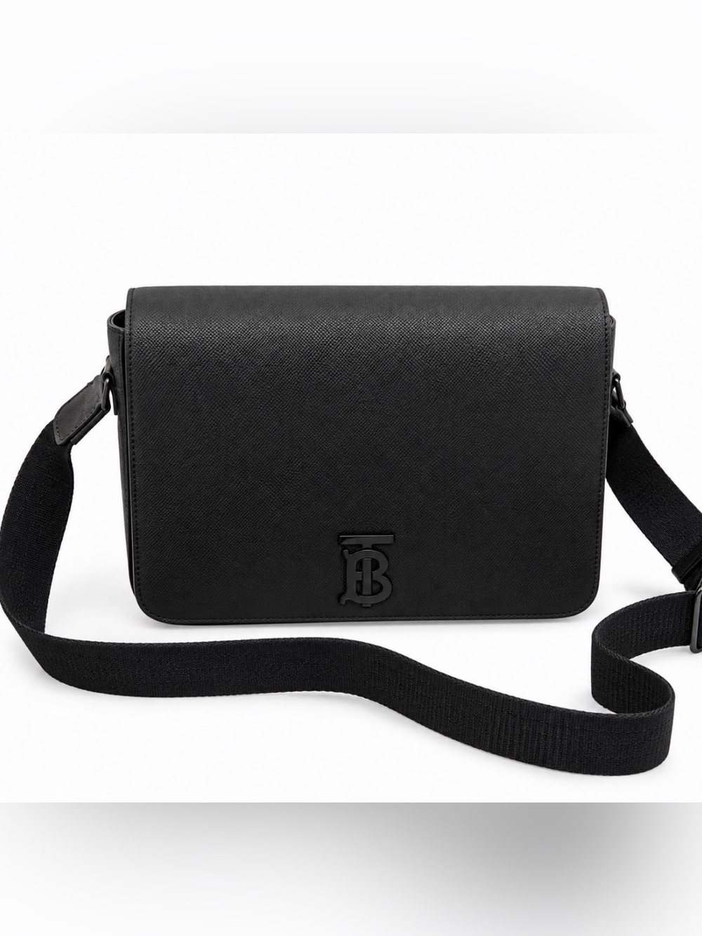 Authentic Burberry TB Monogram Black Grained Leather Messenger Crossbody Bag